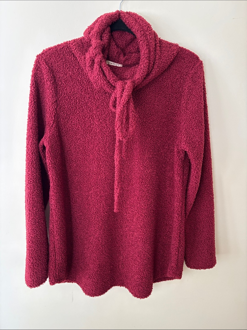Viamor Burgundy Cowlneck Sweater Ties At Neck Long Sleeves Shirttail Type Hem